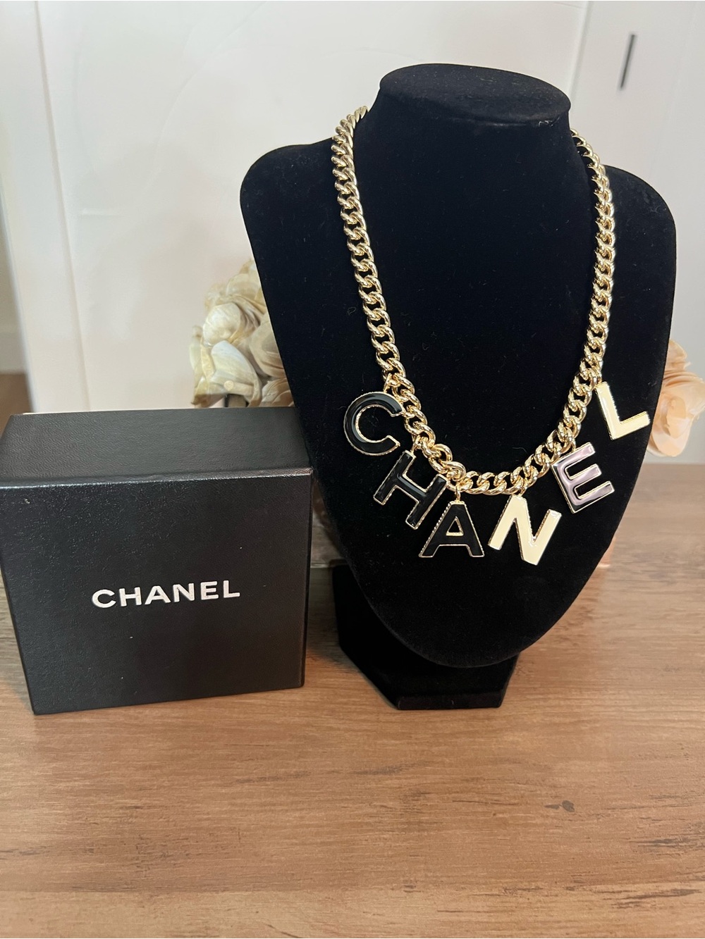 CHANEL Gold-Tone Chain Necklace with Black and White Letter Charms